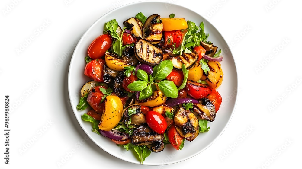 Fresh grilled vegetable salad with basil on white plate Fresh grilled vegetable salad with basil on white plate