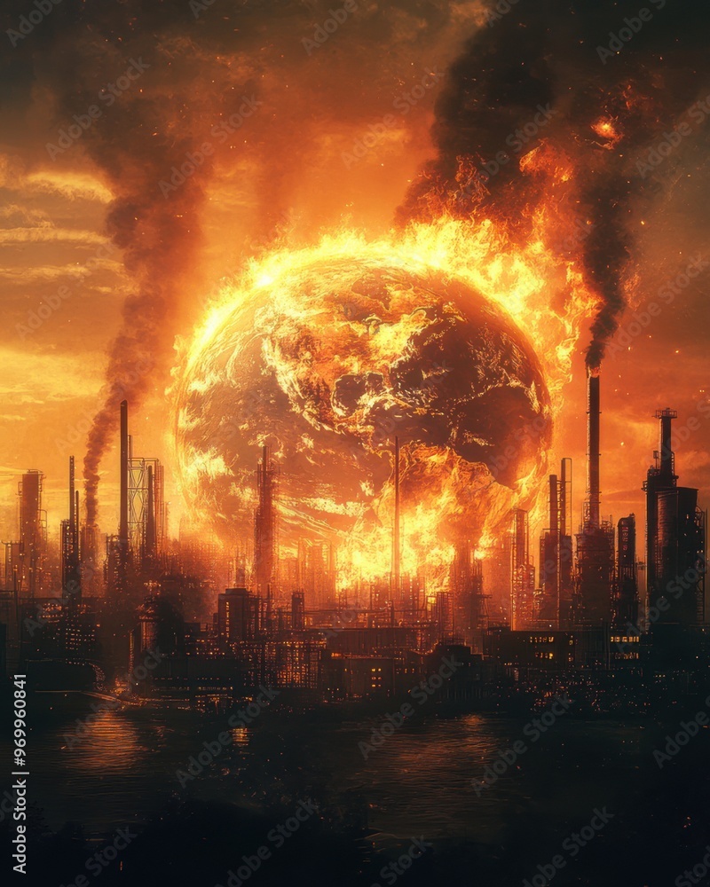 Obraz premium Illustration of a planet engulfed in flames, with an industrial city below emitting smoke, symbolizing global warming, pollution, and environmental crisis.