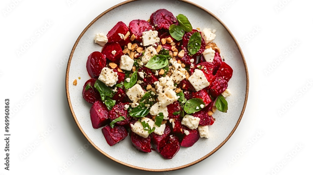 Vibrant beetroot salad with feta, spinach, and walnuts on white plate Vibrant beetroot salad with feta, spinach, and walnuts on white plate