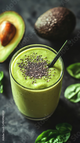 Creamy avocado smoothie topped with chia seeds, refreshing and nutritious