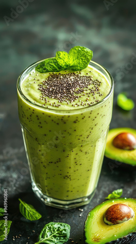 Creamy avocado smoothie topped with chia seeds and fresh mint leaves