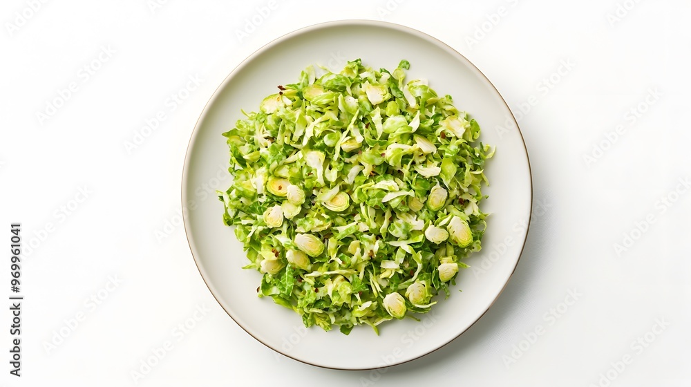 Fresh shredded brussels sprouts salad on a white plate Fresh shredded brussels sprouts salad on a white plate