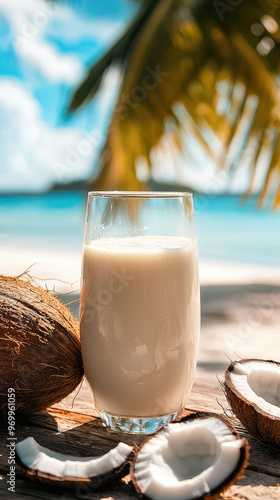 Creamy coconut milk in glass with tropical backdrop evokes relaxation