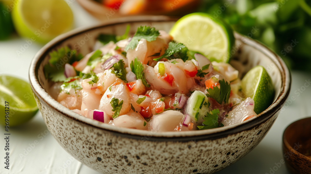 A close-up of a fresh and vibrant bowl of ceviche, featuring diced fish, red onion, cilantro, and lime slices, showcasing a colorful and appetizing presentation. A close-up of a fresh and vibrant bowl of ceviche, featuring diced fish, red onion, cilantro, and lime slices, showcasing a colorful and appetizing presentation.