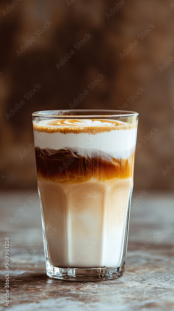 Iced coffee with layers of milk and coffee creates refreshing drink Iced coffee with layers of milk and coffee creates refreshing drink