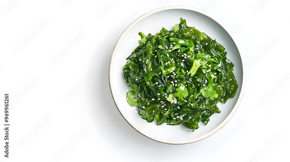 Fresh seaweed salad in ceramic bowl with sesame seeds on white background Fresh seaweed salad in ceramic bowl with sesame seeds on white background