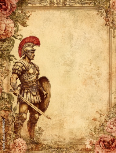 Illustration of a knight in full armor holding a sword and shield, surrounded by ornate roses on an aged parchment background, with blank space for text or designs. photo