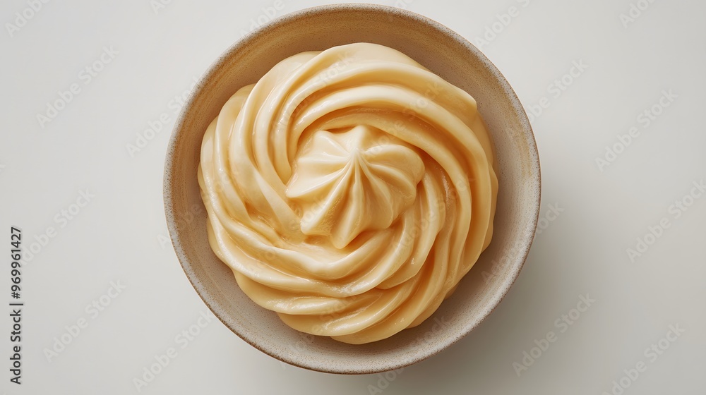 Creamy swirl of homemade mayonnaise in rustic bowl from above Creamy swirl of homemade mayonnaise in rustic bowl from above