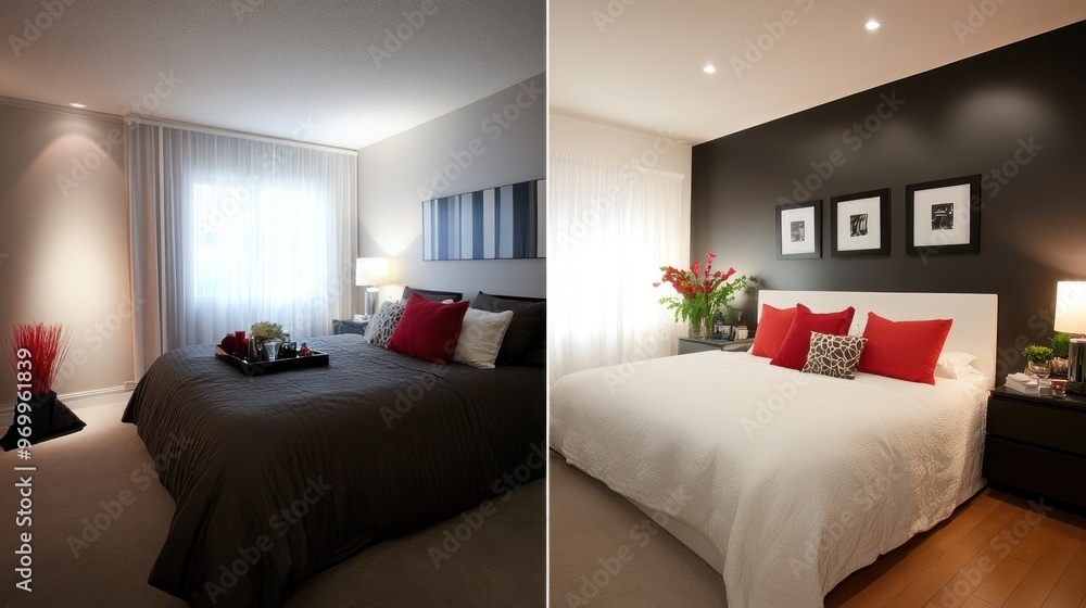 Fototapeta premium Two Modern Bedrooms with White Bedding and Red Pillows