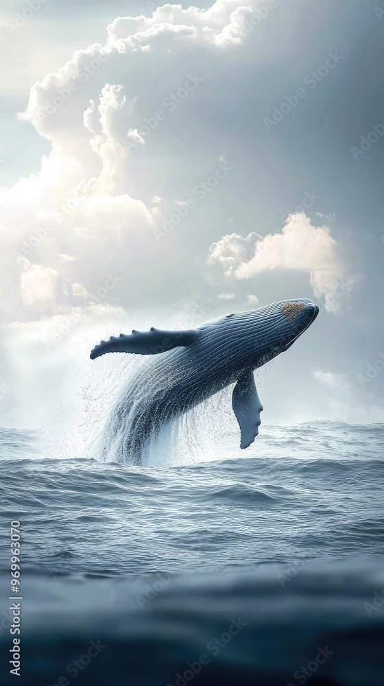 Fototapeta premium A majestic blue whale breaching surface of ocean, showcasing its power and grace