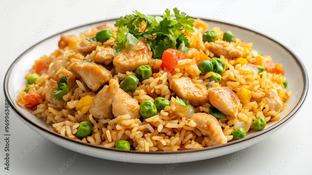 Close-up of a delicious, colorful chicken fried rice dish with vibrant vegetables and fresh cilantro, served on a white plate. Close-up of a delicious, colorful chicken fried rice dish with vibrant vegetables and fresh cilantro, served on a white plate.