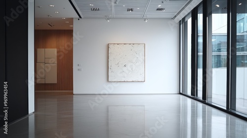 Art gallery with minimalist design showcasing contemporary pieces. Natural light filters through large windows, enhancing the serene and elegant ambiance of the space. photo