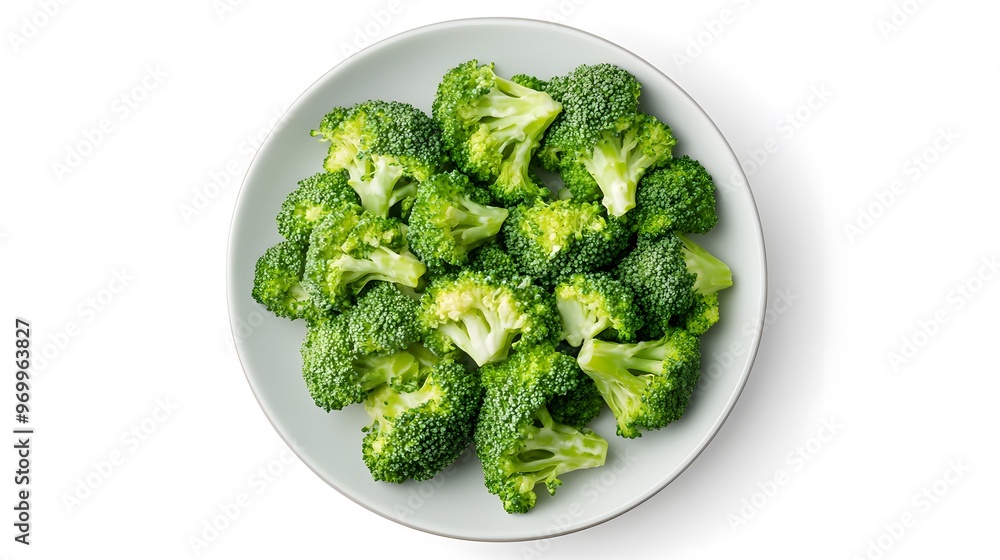 Fresh broccoli florets in ceramic bowl on white background Fresh broccoli florets in ceramic bowl on white background