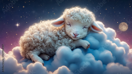 Little fluffy sheep sleeps on a cloud