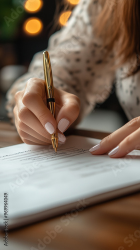 person signing a contract, closeup, created with generative AI technology photo