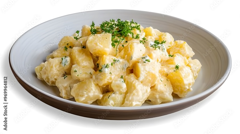 Creamy potato salad garnished with fresh parsley on a white plate Creamy potato salad garnished with fresh parsley on a white plate