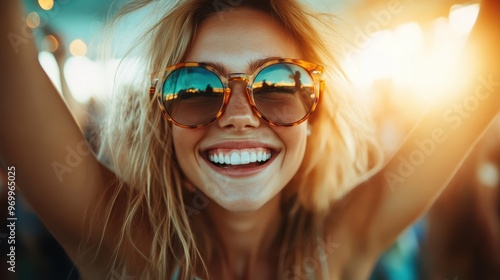 An excited woman, with large sunglasses and a big smile, raising her arms in celebration, surrounded by golden sunset light, capturing the essence of joyful freedom.