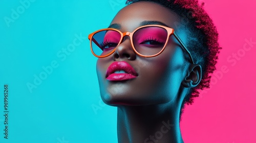 Stylish portrait of a model against a split blue and pink background, featuring bright pink sunglasses, vibrant red lipstick, and a confident pose with a trendy appeal.