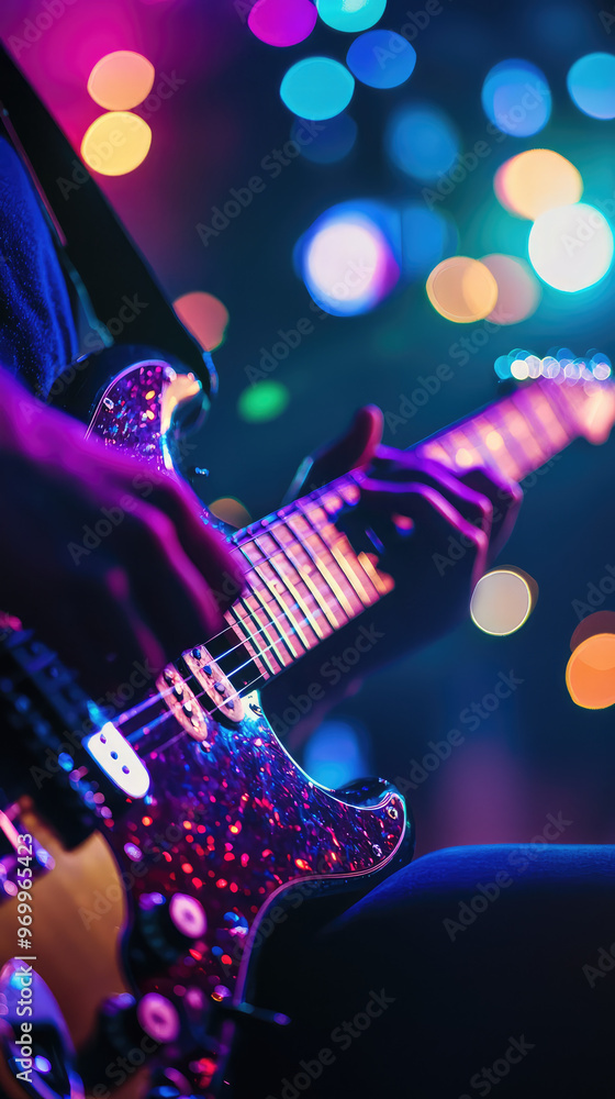 Naklejka premium A musician playing an electric guitar with vibrant stage lights creates an energetic atmosphere