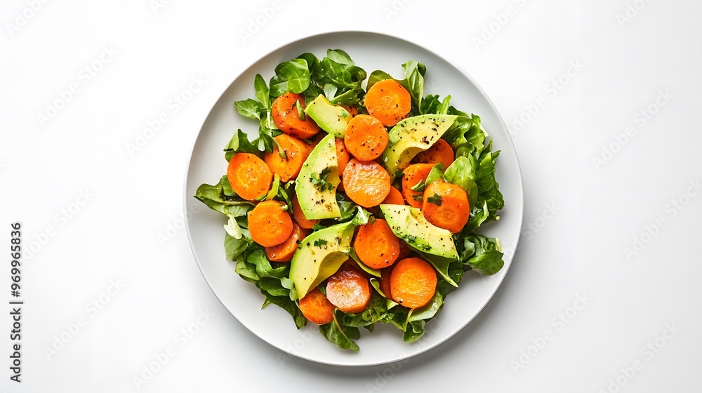 Fresh avocado and carrot salad on white plate Fresh avocado and carrot salad on white plate
