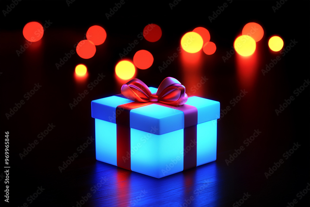 Christmas Neon ribbon gift box with bokeh effects, for Black Friday, Cyber Monday, and Christmas holiday, with a bright and festive feel Christmas Neon ribbon gift box with bokeh effects, for Black Friday, Cyber Monday, and Christmas holiday, with a bright and festive feel