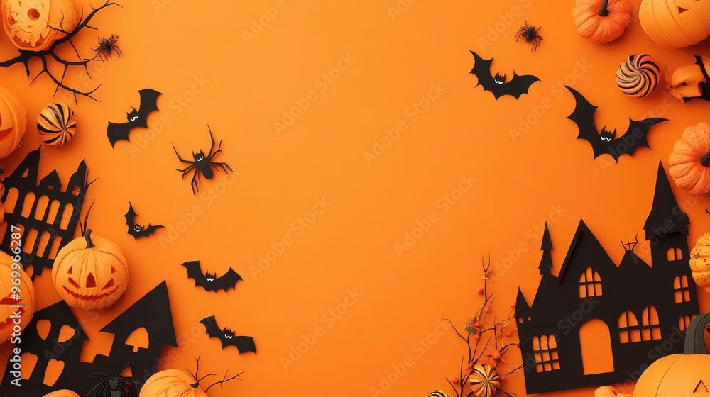 Halloween decorations with pumpkins, bats and haunted house on orange background. Halloween decorations with pumpkins, bats and haunted house on orange background.