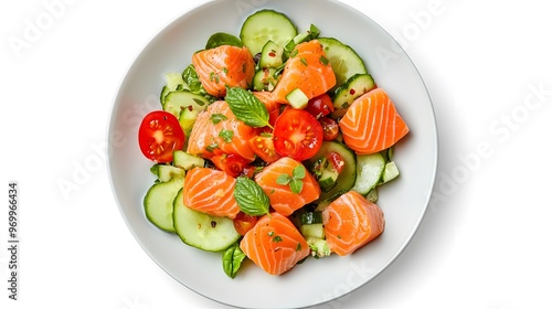 Wallpaper Mural Fresh salmon salad with cucumber and tomatoes on white plate Torontodigital.ca