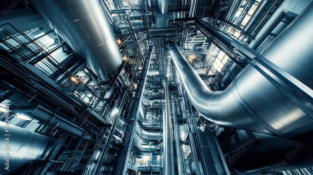 A Complex Network of Interconnected Metal Pipes and Structures in an Industrial Facility A Complex Network of Interconnected Metal Pipes and Structures in an Industrial Facility
