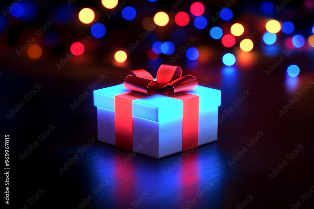 Christmas Neon ribbon gift box with bokeh effects, for Black Friday, Cyber Monday, and Christmas holiday, with a bright and festive feel Christmas Neon ribbon gift box with bokeh effects, for Black Friday, Cyber Monday, and Christmas holiday, with a bright and festive feel