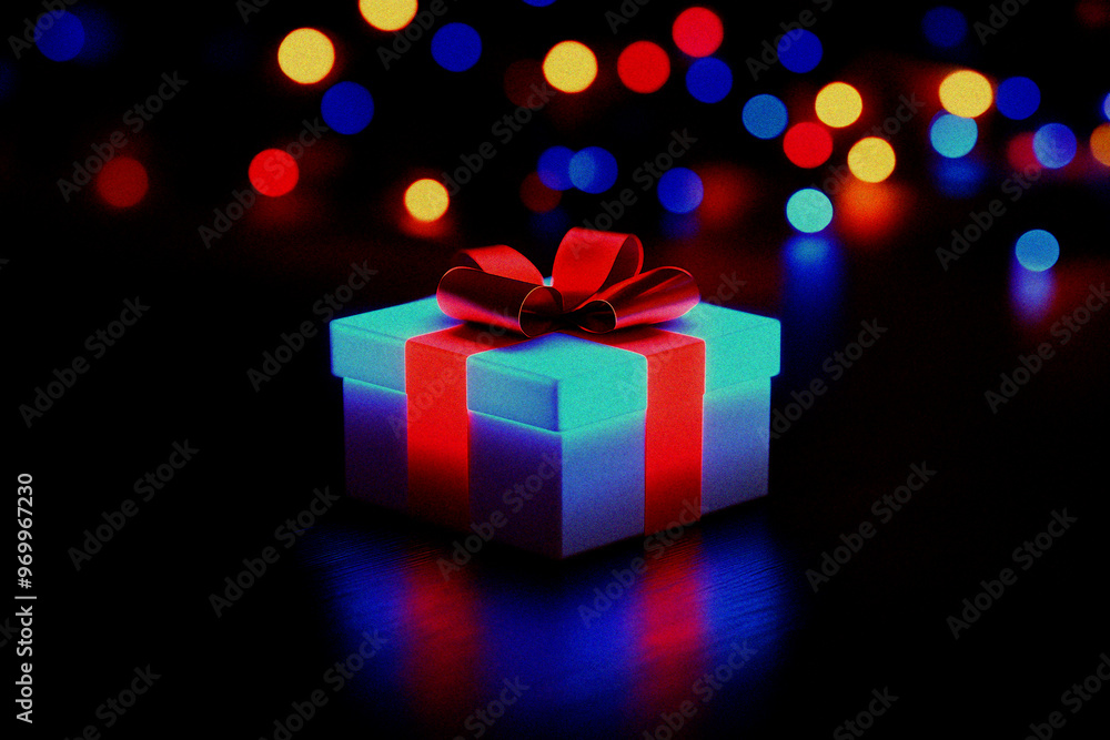 Christmas Neon ribbon gift box with bokeh effects, for Black Friday, Cyber Monday, and Christmas holiday, with a bright and festive feel Christmas Neon ribbon gift box with bokeh effects, for Black Friday, Cyber Monday, and Christmas holiday, with a bright and festive feel