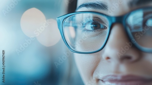 A detailed image focusing on a person's eye through glasses, capturing the clarity and color of the eye as well as the reflection in the glasses frame against a blurred background.