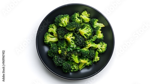 Fresh cooked broccoli florets in black bowl on white background