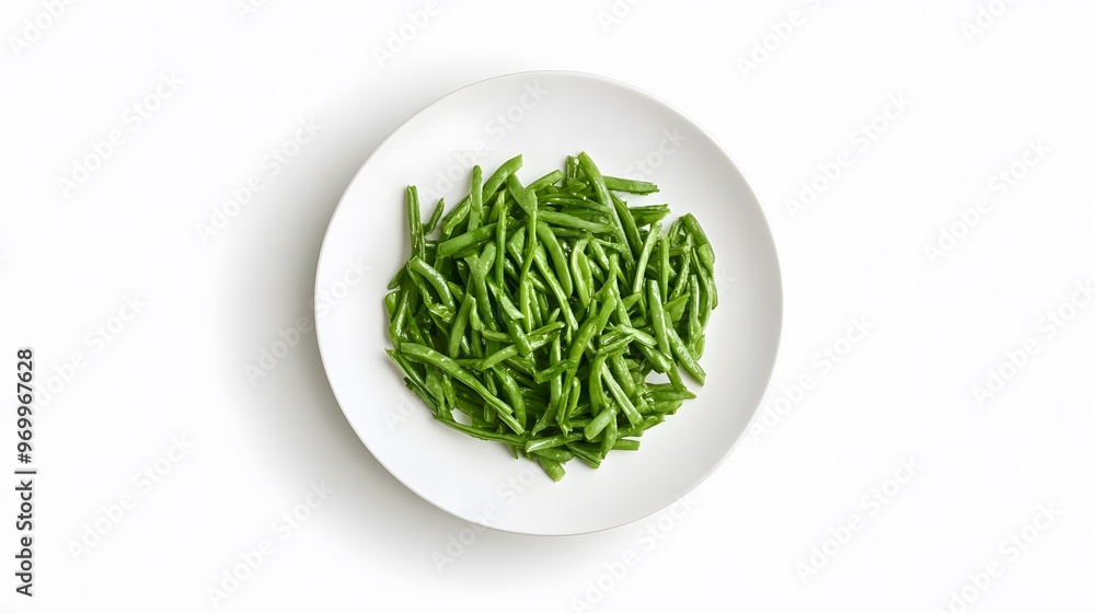 Top view of fresh green beans on white plate - minimalist vegetable presentation Top view of fresh green beans on white plate - minimalist vegetable presentation
