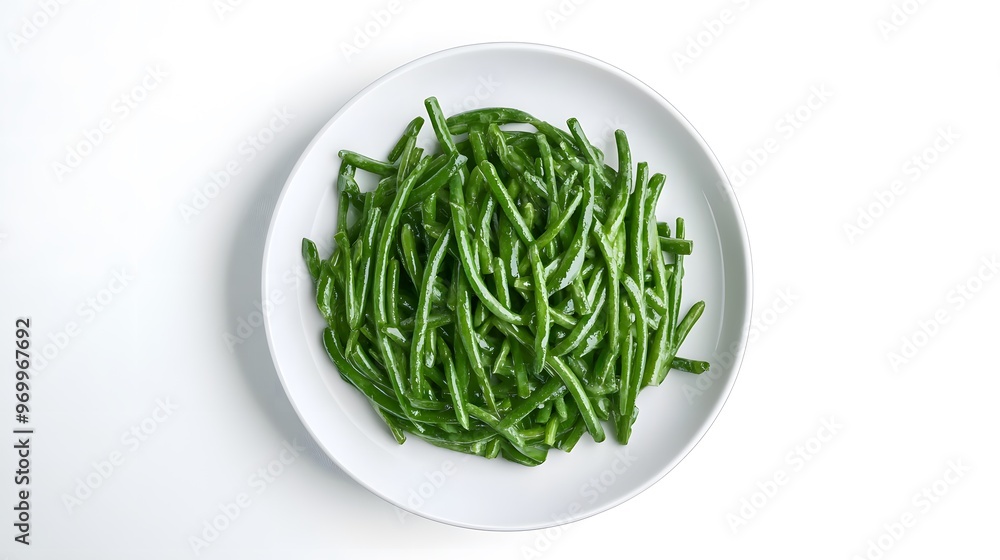 Fresh cooked green beans on white plate: vibrant vegetables for healthy eating Fresh cooked green beans on white plate: vibrant vegetables for healthy eating