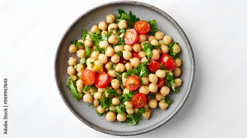 Fresh chickpea salad with cherry tomatoes and parsley on a plate Fresh chickpea salad with cherry tomatoes and parsley on a plate