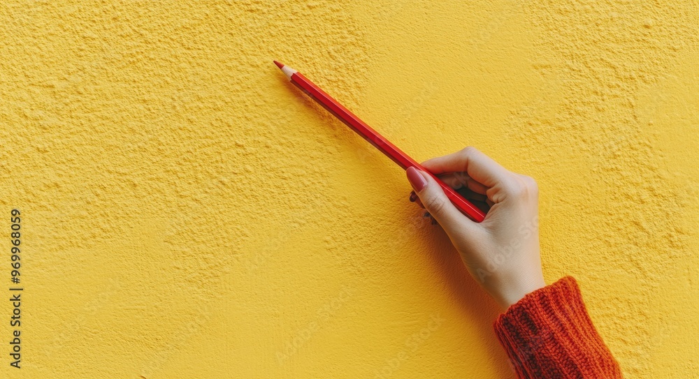 Hand Holding a Red Pencil on a Yellow Wall. Hand Holding a Red Pencil on a Yellow Wall.