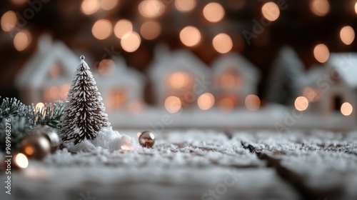 A serene image featuring a snow-covered miniature Christmas tree surrounded by subtle lights and small houses in the background, captured in a cozy winter setting. photo