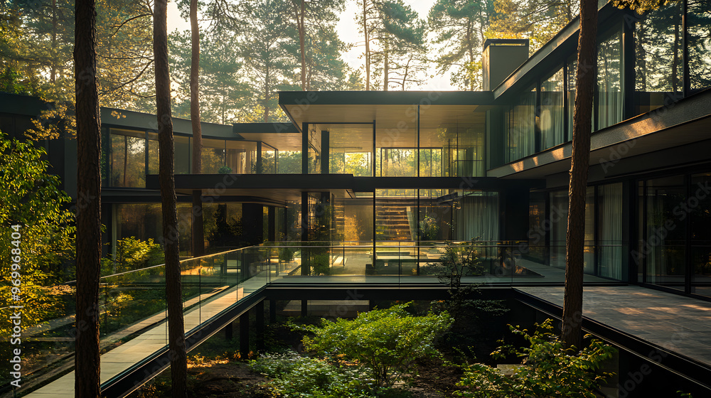 Fototapeta premium A contemporary house with a glass bridge connecting two sections set in a wooded area with tall trees.