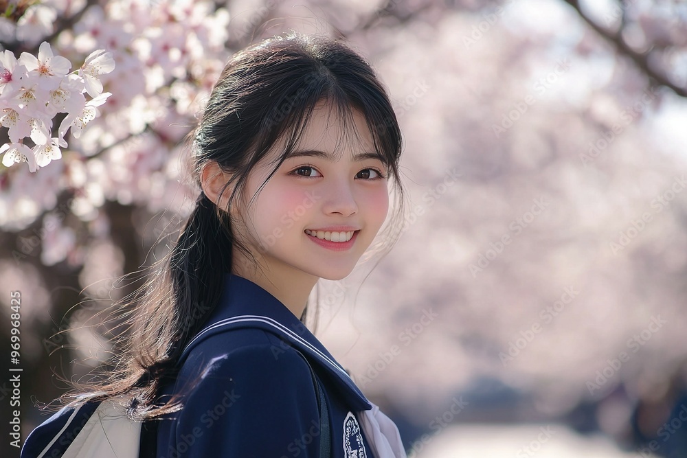 A beautiful Japanese high school girl smiles while posing for photos in front of cherry blossoms A beautiful Japanese high school girl smiles while posing for photos in front of cherry blossoms