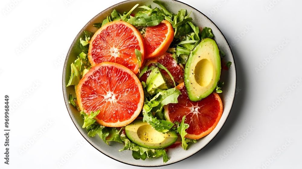 Fresh citrus and avocado salad with arugula and pepper on a white plate Fresh citrus and avocado salad with arugula and pepper on a white plate