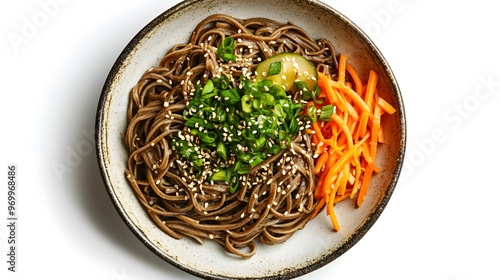 Delicious soba noodle bowl with fresh vegetables and sesame seeds