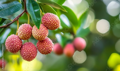 Fresh Lychee Fruit Hanging From a Branch With Droplets in a Tropical Garden 