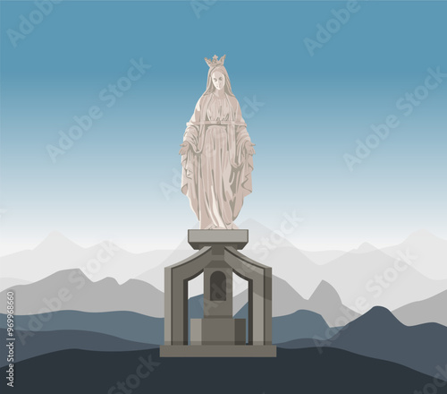 Virgin Mary Statue at Mount Ramelau - A Sacred Mountain Peak - Stock Illustration