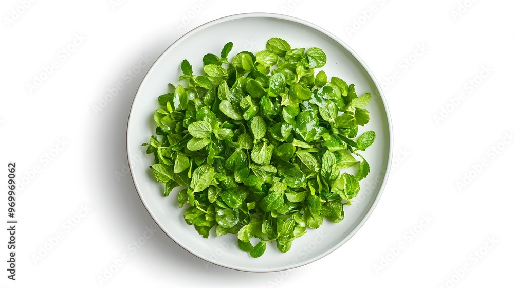 Fresh mint leaves on white plate - herbal aromatic ingredient for culinary and health uses Fresh mint leaves on white plate - herbal aromatic ingredient for culinary and health uses