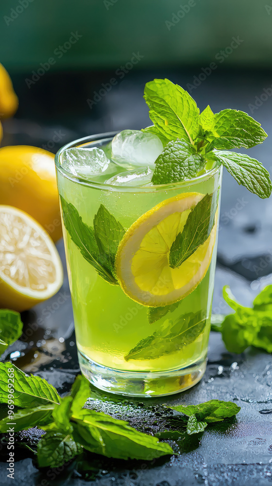 Fototapeta premium Refreshing glass of lemonade with fresh mint leaves, perfect for summer!