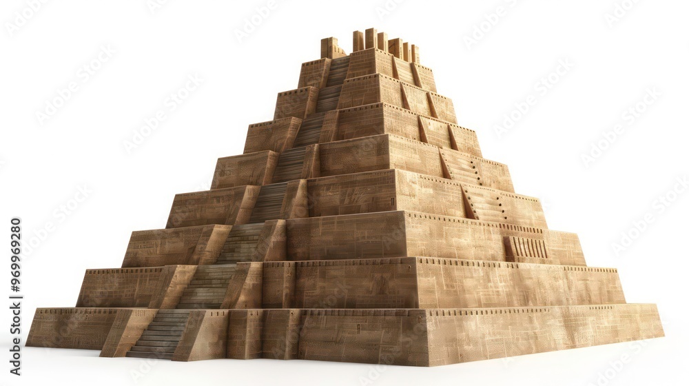 Fototapeta premium Ancient stone pyramid with stairs leading to the top isolated on white background.