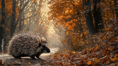   A porcupine meandering through a dense woodland with scattered foliage beneath its feet