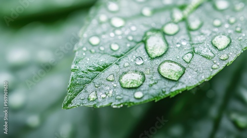 A close-up macro shot of a green leaf adorned with fresh water droplets, capturing the intricate textures and natural beauty of the leaf’s surface in stunning detail.