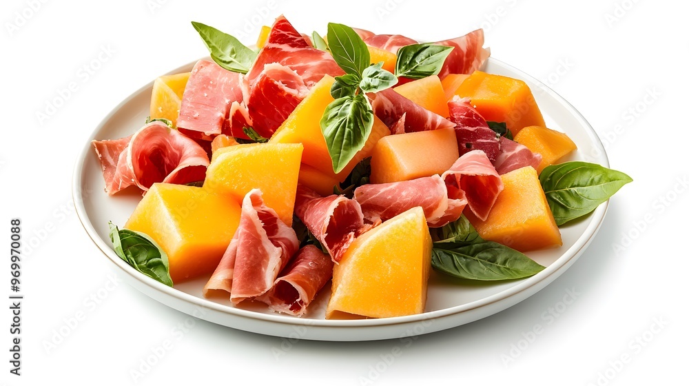Fresh appetizer of cantaloupe and prosciutto garnished with basil leaves on a plate Fresh appetizer of cantaloupe and prosciutto garnished with basil leaves on a plate