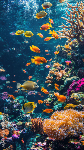 Vibrant coral reef with tropical fish swimming gracefully in clear water